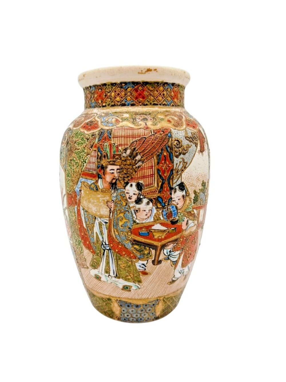 Japanese Satsuma Moriage Vase Samurai Figures Gilt Earthenware 6 in